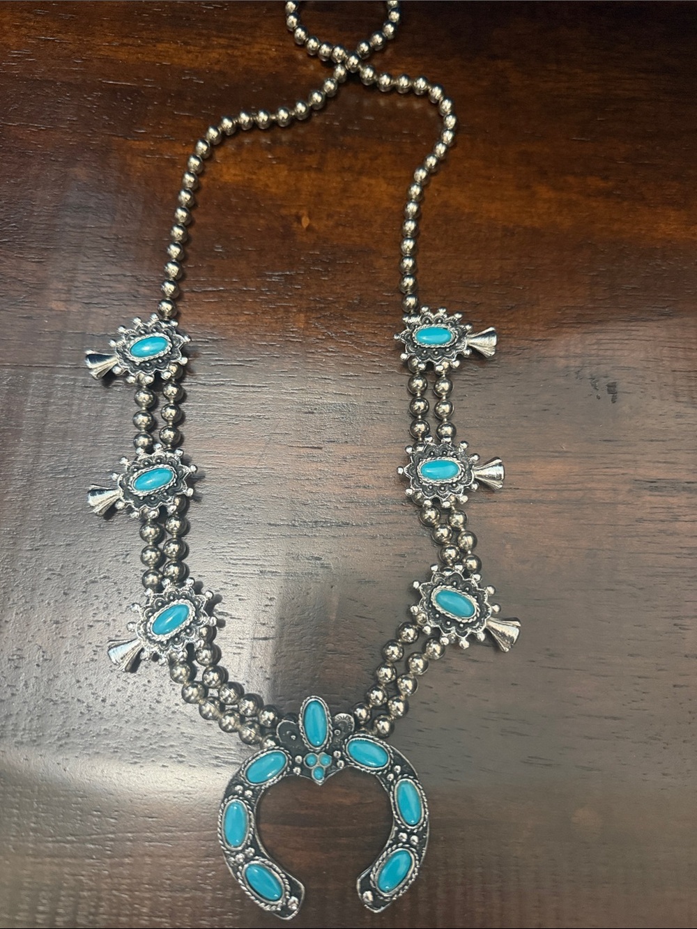 Turquoise colored Stone Squash Blossom Necklace - Silver Tone Women Jewelry - Picture 1 of 3